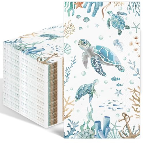 Schildkröte Deko Servietten, 33x40 cm Sommerparty Papierservietten Einweg für Junge Mädchen Frauen, Papierservietten Hellblau Türkis Maritim Ocean Unterwasserwelt Kindergeburtstag Deko