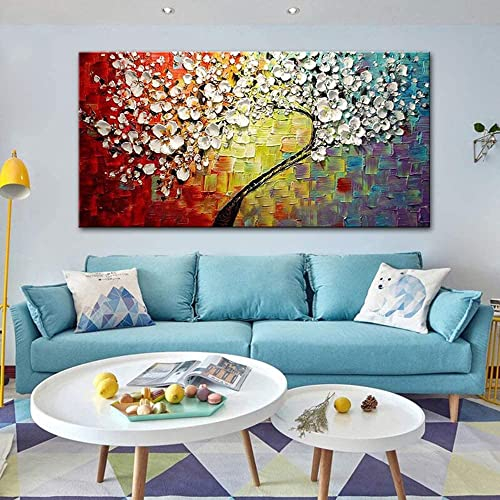 Ölgemälde Auf Leinwand Handgemalt,Abstrakte Landschaft Messer Gemälde, Weiße Blumen Lucky Tree Bunten Hintergrund,Große Professionelle Kunst Wanddekor Für Wohnzimmer Schlafzimmer Hotel Cafe