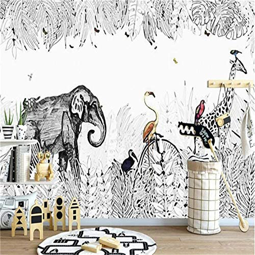 3D Murale Papier peint intissé Girafe éléphant animal noir et blanc 450x300cm Poster Tableaux Photo Muraux pour Fenêtre Murale Décoration Chambre Salon