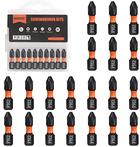 BAIDETS Pro PH2 Bit-Sortiment - Schraubendreher Bits Set 20 Stück, 25mm Länge, Schrauber-Bit, 1/4 Sechskantschaft, mit Spender-Box