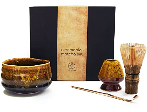 teapro Japanese Matcha Set: Purple Bamboo Matcha Whisk & Scoop, Artisan Yellow Ceramic Matcha Bowl & Whisk Holder, Matcha Starter Kit | Traditional Matcha Gift Set