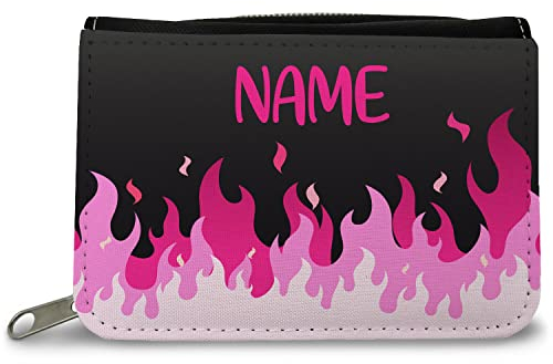 GRAVURZEILE Bedruckte Geldbörse - Flammen Design - Personalisiert mit Namen - Geschenk für Kinder & Teenager für Taschengeld Fahrkarte - für Jungen & Mädchen - Farbe: Pink