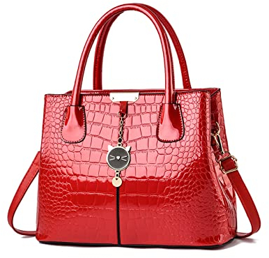 NICOLE & DORIS Handtaschen Damen Elegant Lackleder Handtasche Krokoprägung Henkeltasche Arbeits Taschen Damen Shopper Umhängetaschen Tote Bag mit Anhänger Rot