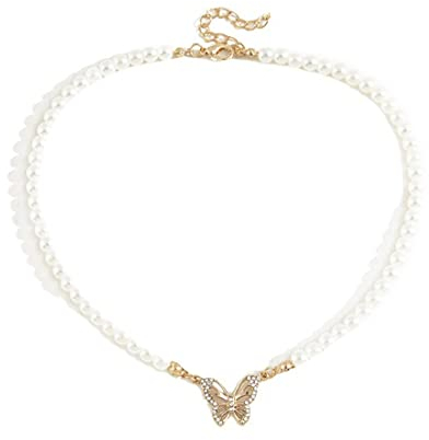 LEEQ Schmetterlings-Perlenkette für Damen,Strass Halsketten, Runde weiße simulierte Muschelperlenkette Festival Geburtstagsparty Halskette Schmuck für Frauen und Mädchen