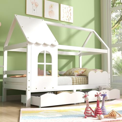 KnSam Hausbett Kinderbett Jugendbett 200x90 mit Rausfallschutz, vielseitiges Holz Kinderbett für Jungen & Mädchen, Schubladen, Massivholz Kinder Bett mit Rausfallschutz Fenster und Lattenrost, Weiß