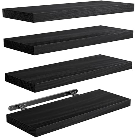 Amada Wandregal Holz Set aus 4, 40 cm Paulownia-Holz Schweberegal, Schwarz | Regal wand mit massiven verdeckten Metallhalterungen, je Brett bis 10 kg, inklusive Bohrschablone, flexibles 4er-Set