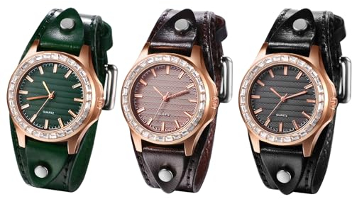 JewelryWe Uhren Damen Leder Damenuhr: 3pcs Steampunk Retro Analog Quarz Armbanduhr Frauen Leder Armband Manschette Uhr mit Rosegold Diamant Gehäuse