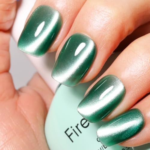 Firedeep Green Cat Eye Gel Nail Polish - 16ml Emerald Green Colors Gel Polish with Holographic Glitter and Magnetic Stick for DIY at Home Manicure