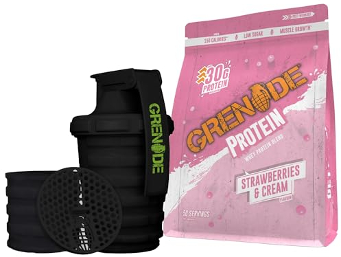 Grenade Strawberries & Cream Protein Powder & Shaker Bundle - Whey Protein Powder, 2 kg & Grenade Shaker with Capsule Storage Facility, Black