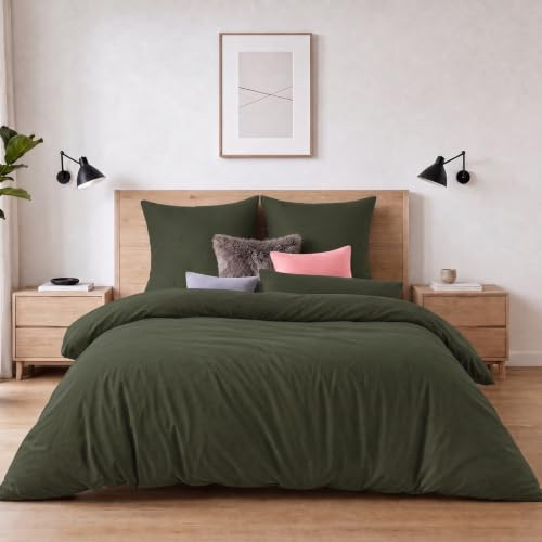 Soifox Winter Flanell Bettwäsche 200x200 3-teilig Olivgrün 100% Polyester | Kurzflor-Fleece 140 g/m² mit Metall-Reißverschluss und 4 Eckbändern, 60°C waschbar, trocknergeeignet, bügelfrei, warm & weich