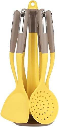 Lot de 6 ustensiles de cuisine en silicone jaune avec poignées marron et base de suspension - Élégants, résistants à la chaleur et faciles à organiser (jaune 6 pièces)