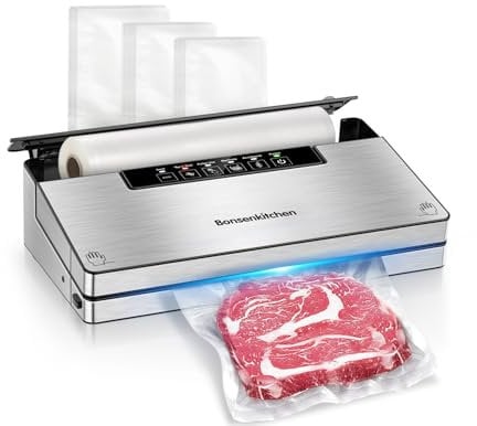 Bonsenkitchen Vakuumierer, Stark Vakuumiergerät mit 5 Modi, 8 L/Min, Globefish-Technologie für Kontinuierliches Arbeiten mit Hoher Geschwindigkeit, Enthält 100 Vakuumbeutel und 1 Rollbeutel