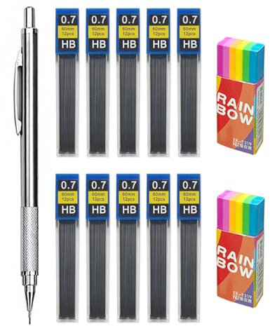 TOZBLEU Porte mine Set,porte-mine 0,7mm, 1 porte-mine en métal, crayons mécaniques avec 120pcs mines de rechange,2 gommes,porte-mine pour écrire et dessiner pour École,les ingénieurs