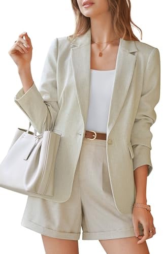 Arach&Cloz Womens Blazers for Business Casual 2026 Fashion Linen Blend Open Front Long Sleeve Suit Jackets Trendy Work Office Blazer with Pockets Dressy Summer Clothes for Women Beige L