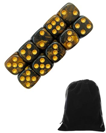 CULEB 10 Stücke Würfel,16mm D6 Würfel Set mit Samtbeutel,Würfelset für Kniffel-spiel,Brettspiele,Tabletop-Spiele,Matheunterricht(Schwarz-Gold)
