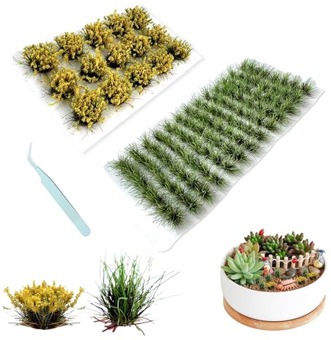 PYSEOSISE Mechones de Hierba Estática, Matas de Césped Artificial Estático, 104 Piezas Plantas para Modelismo y 15 Piezas Mini Ramos de Flores para Dioramas DIY y Decoración en Miniatura