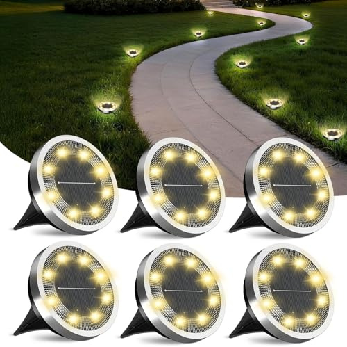 FLOWood 6 Stück Solar Bodenleuchten Aussen,Warmweiß,IP65 Wasserdicht | Solarlampen für Außen mit 8 LEDs, 8–10h Laufzeit,Edelstahl/ABS/PP, für Garten, Rasen, Auffahrt, Gehweg & Terrasse