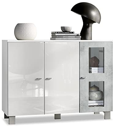 Vladon Buffet Denjo, Commode avec 3 Portes, Blanc Mat/Blanc Haute Brillance/Aspect Béton Oxyde (107 x 81 x 35 cm)