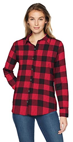 Amazon Essentials Women's Regular-Fit Long-Sleeve Lightweight Plaid Flannel Shirt, Red Buffalo Check, M