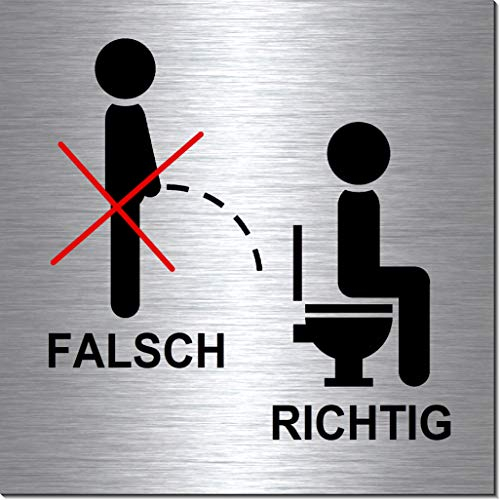 Nicht im Stehen pinkeln-Bitte setzen-Toilette-Bad-WC-Klo-Symbol-Schild 100 x 100 x 3 mm-Aluminium Edelstahloptik silber mattgebürstet Hinweisschild-Warnschild-1910-25