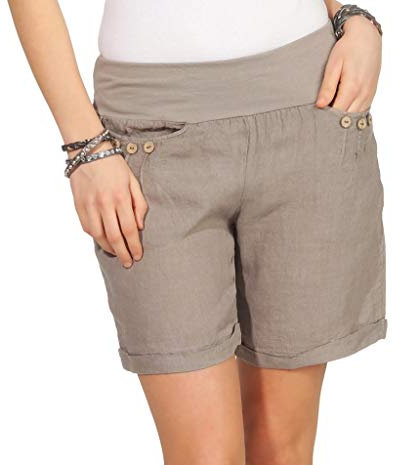 Mississhop 293 Damen Leinenshorts Bermuda lockere Kurze Hose Freizeithose 100% Leinen Shorts mit DREI Knöpfen Sommer Strand Fango S