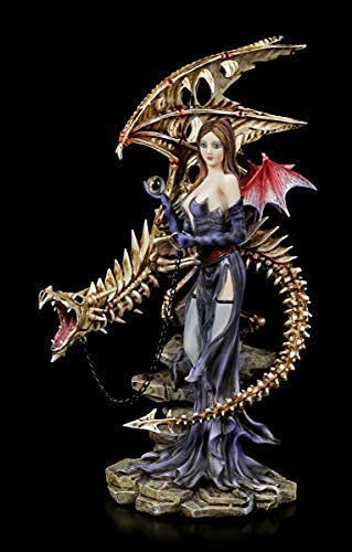 Figuren Shop GmbH Fantasy Dark Angel Figur - Larua mit Skelett Drache | Gothic Deko-Figur, handbemalt, Flügel zum Stecken