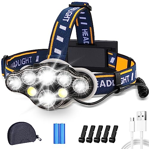 Stirnlampe, Superheller Kopflampe 18000 Lumen 8 LED 8 Modi mit Rotem Warnlicht, USB Stirnlampe Wiederaufladbare Wasserdicht, Perfekt für Arbeit, Outdoor, Camping, Wandern, Angeln