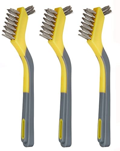 Amazon Basics Mini cepillos de acero inoxidable agarre suave, paquete de 3, Gris/amarillo