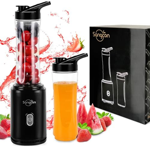 Sangcon Blender Smoothie Maker, Personal Blender with 2 BPA-Free 600ml Tritan Portable Bottles for Smoothies and Milkshake, Juices, Vegetable, One Touch Button, 300W