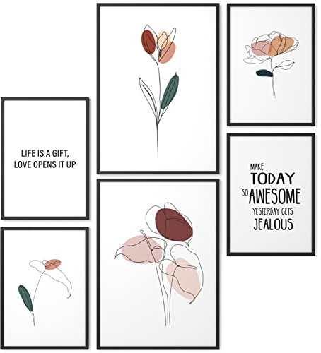 Papierschmiede® Mood Poster Set Blumen Abstrakt, Bilder Wohnzimmer Deko Schlafzimmer, 2x DIN A4 und 4x DIN A5, Zeichnung Gemälde Rose Tulpe - Wandposter ohne Rahmen