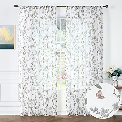 Tollpiz Durchsichtiger Vorhang mit Blumenmuster, grauer Blume, Schmetterling, bedruckt, für Schlafzimmer, Stangentasche, Voile, Kunstleinen, 137.2 x 213.4 cm lang, 2er-Set Paneele
