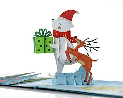 Christmas Bear and Reindeer 3D Pop Up card. A Delightful holiday surprise greeting card gift for kids, friends, family and loved ones. For Christmas decor and parties.15cmx15cm