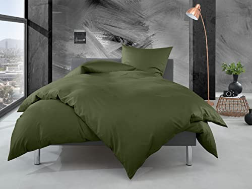 Bettwaesche-mit-Stil Mako Perkal Bettwäsche Uni einfarbig dunkelgrün (Garnitur 155x220 + 80x80 cm)