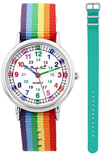 Pacific Time Kinder Armbanduhr Mädchen Jungen Lernuhr sehr gut ablesbar Wechsel Textilarmband Regenbogen + türkis analog Quarz 12905