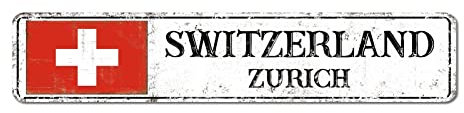 Cartello di benvenuto della Svizzera, cartello stradale della città di Zurigo, bandiera nazionale della Svizzera, segno in alluminio, segno di metallo vintage della capitale, 8 x 45 cm