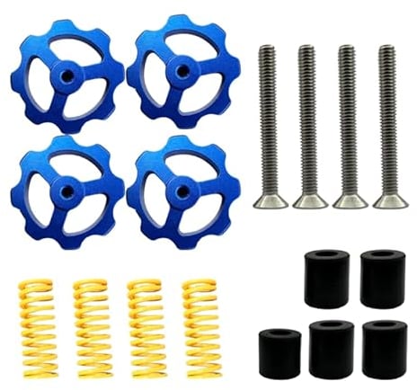 TIOPY 17Pcs 3D Printer Hotbed Leveling Kit,4pcs Blue Aluminum Hand Twist Leveling Nut,4pcs Upgrade Springs, 4pcs Screws,5pcs Hot Bed Silicone Leveling Column Mounts for Ender 3/3 Pro/3v2/Ender 5/CR 10