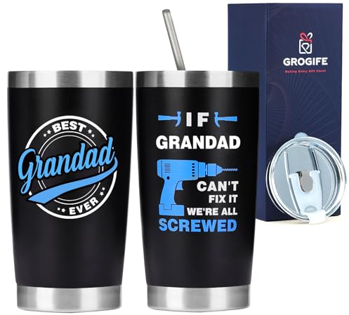 Grogife Grandad Gifts, Father Day Gifts, Best Grandpa Presents Ideas from Granddaughter, Coffee Cup with Straw and Lid for Hot Cold Drinks 600ml