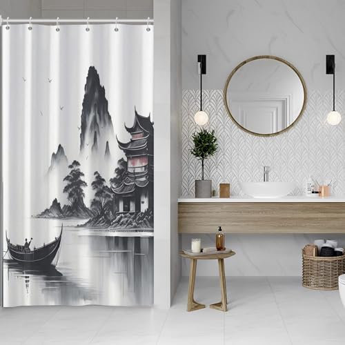 SDOTPMT 90x180cm Rideau de Douche à l'encre Asiatique de Style Japonais Brouillard Bateau de Montagne Goose Rideau Douche extérieur Nature Rideau de Douche Salle Bain Crochet décoratif