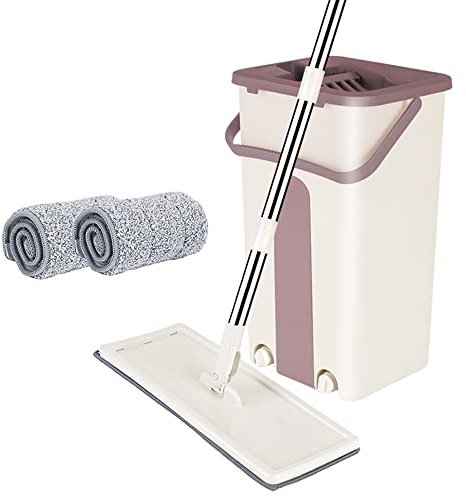 Balai Microfibre et Seau Essoreur, Serpillière Plat Rotatif 360° et Seau Auto-Lavage, Vadrouille de Mains Libre pour Nettoyage de Sol, avec 2 Tapis réutilisable (A, Kaki)