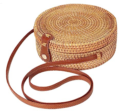 Rattan Crossbody Bag, Circle Rattan -Tasche, runde gewebte Umhängetasche mit Lederband und Schnalle, modische Sommerstrandtasche für Frauen Reisen