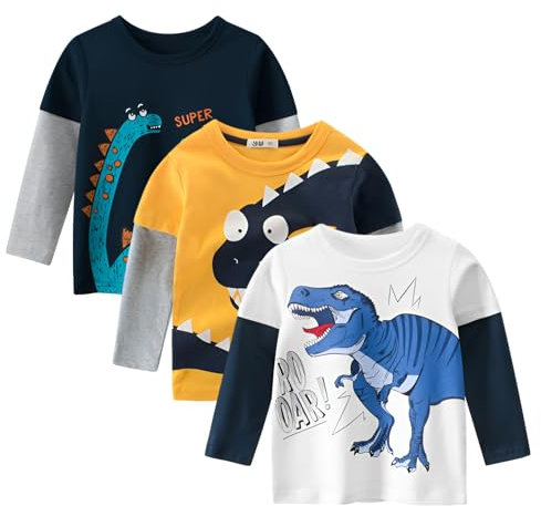 amropi Baby Boys Striped T-Shirt 3 Pack Long Sleeve Cotton Top Crew Neck Tee Shirts White Yellow Black, 7-8 Years