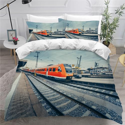 RCKLCY Kinder Bettwäsche 135×200 3D Druck 3 teilig Fahrender Zug Bettwäsche-Sets 100% Mikrofaser mit Reißverschluss Express Zug Jungen Mädchen Soft Bettbezug mit 2 Kissenbezug 80x80 cm
