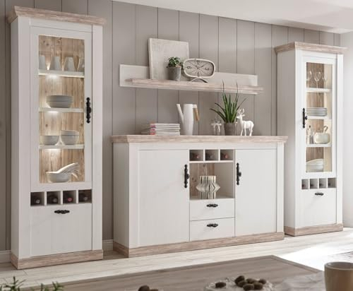 Furn.Design Esszimmer Schränke Wohnwand in weiß Pinie und Oslo Pinie Landhaus komplett Set mit Sideboard, 2X Vitrine und Wandboard Schrankwand 330 x 201 cm Rovola