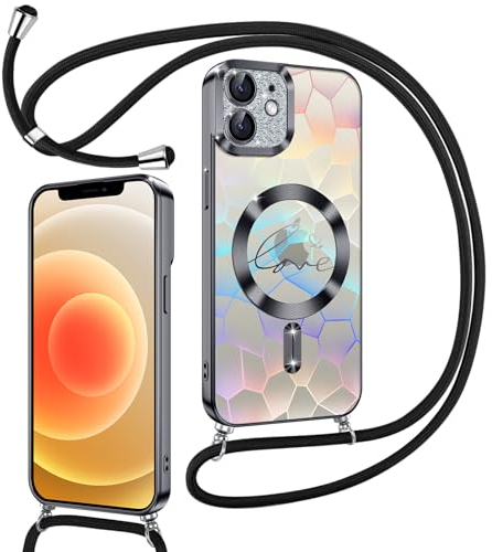 Kokio Magnetische Glitzer Handykette für iPhone 12 Hülle mit Band [Kompatibel mit MagSafe] Kameraschutz Durchsichtig Handyhülle für Frauen Mädchen Silikon Stoßfeste Schutzhülle für iPhone 12 Schwarz