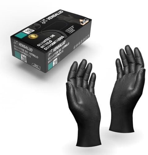 VENSALUD Lot de 50 gants jetables en nitrile pour mécanique, atelier, jardinage, cuisine, tatouage, vétérinaire, nettoyage | sans latex | 50 pièces | Noir - M