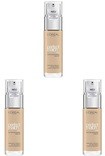 L'Oréal Paris Make up, Flüssige Foundation mit Hyaluron und Aloe Vera, Perfect Match Make-Up, Nr. 1.5.N Linen, 30 ml (Packung mit 3)
