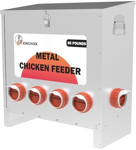 Kinchoix Hühner-Futterspender aus Metall, große Kapazität, 38,6 kg, automatisch, Metall, rattensicher, Hühner-Futterspender ohne Abfall, wetterfest, Geflügel-Futterstation für Hühner, Gänse, Enten,