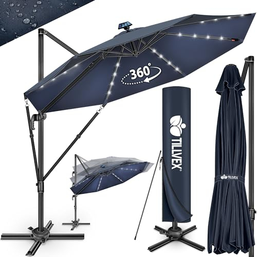 tillvex® Sombrilla Premium 330 cm LED Solar con manivela, cubierta y protección contra el viento, 6 posiciones ajustable con manivela, Parasol de jardín giratoria 360°