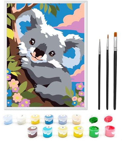 Zimrobin Peinture par numéros pour enfants de 6 à 12 ans avec carton pré-imprimé, 12 pots de peinture acrylique vibrants, un cadre et 3 pinceaux (Koala Gris)