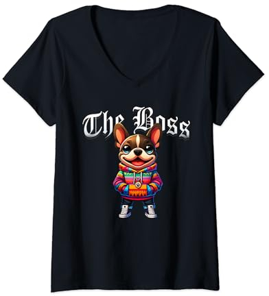 Damen Frenchton Hundejacke The Boss Coole Jacke Outfit Hund Mama Papa T-Shirt mit V-Ausschnitt